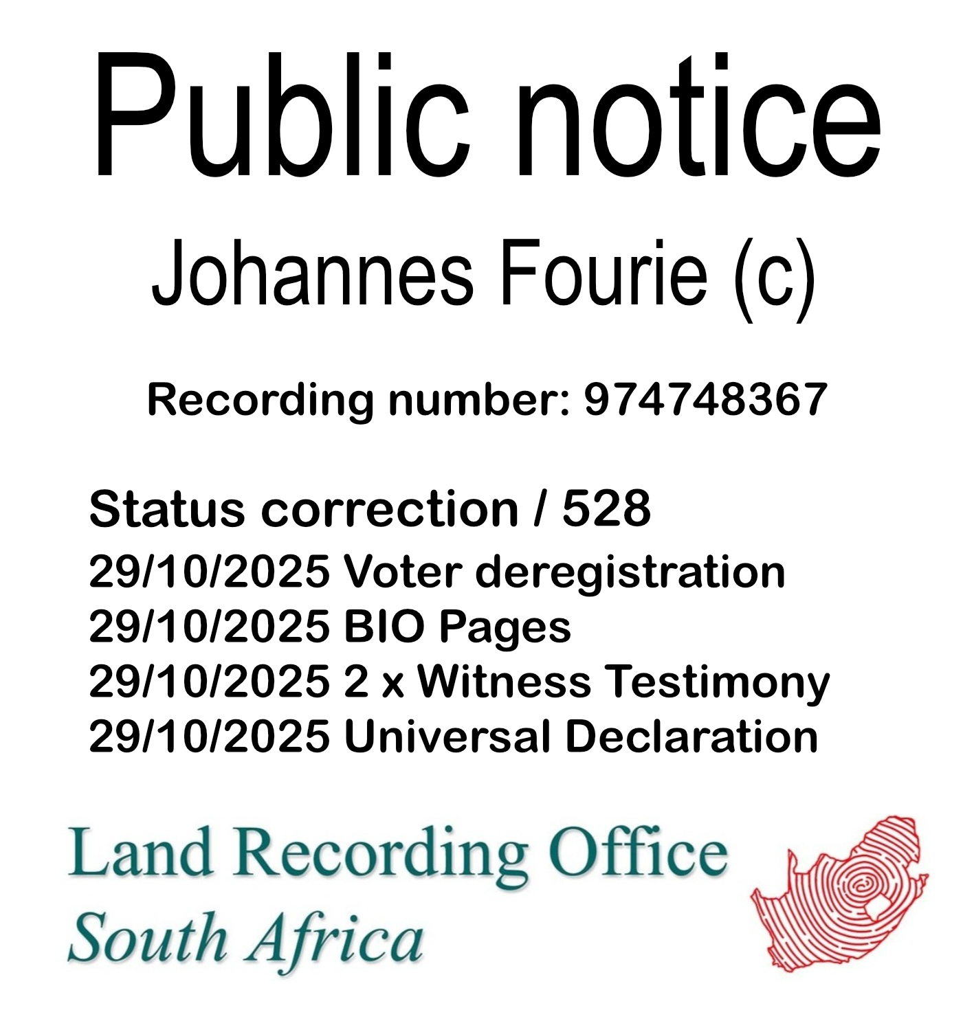 Public notice Johannes Fourie Recording number 974748367